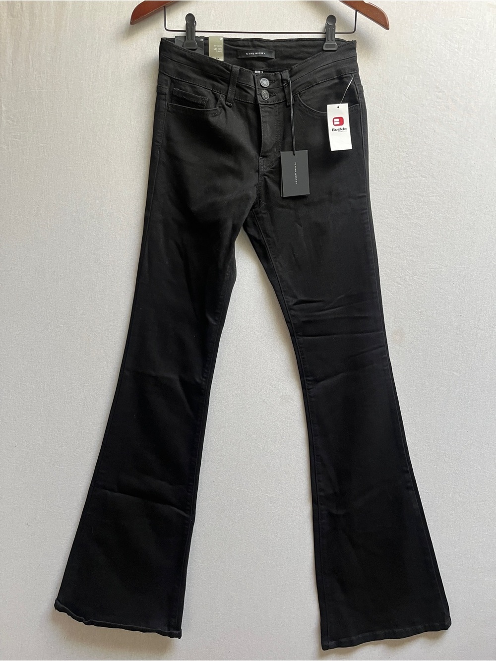 NWT Flying Monkey Buckle Exclusive Mid Rise Black Flare Jeans Sz 26